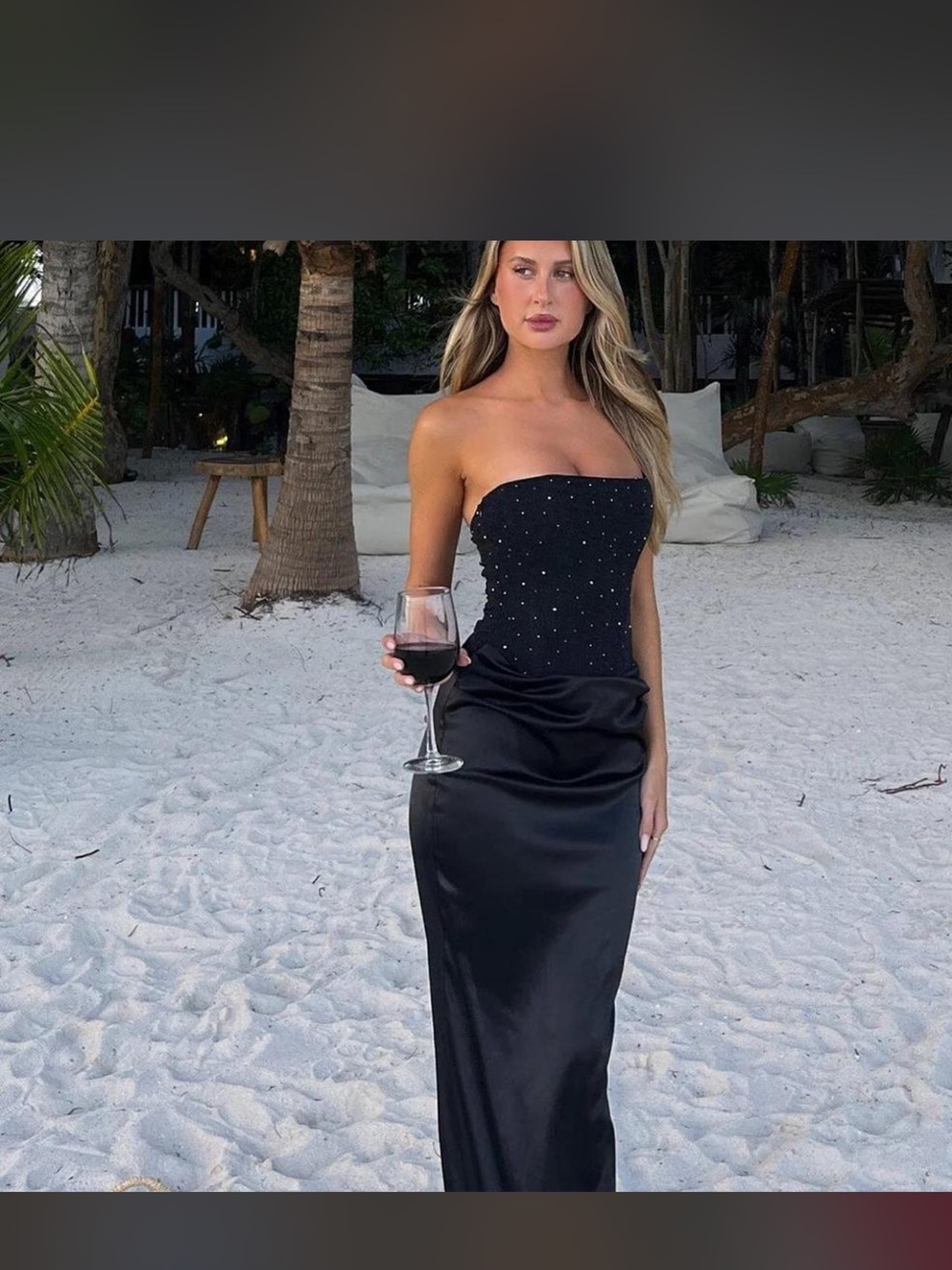 Strapless Black Satin Evening Dress with Embellished Bodice